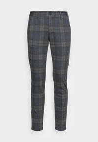 Calças xadrez cinza com detalhes em azul, design slim fit, fecho de botão, passadores de cinto e dois bolsos frontais em tecido texturizado.
