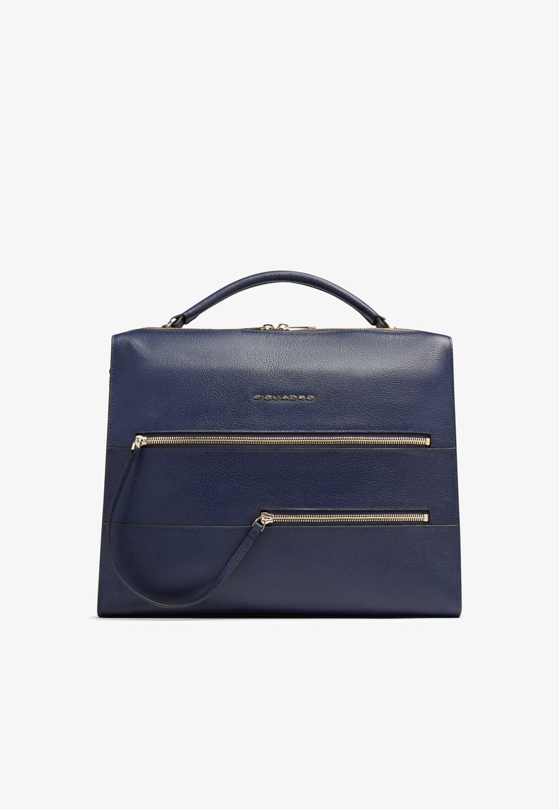 Maletín de cuero azul oscuro con asa superior, dos bolsillos externos horizontales con cremallera y un pequeño logo centrado sobre el bolsillo superior.