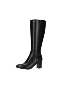Black leather knee-high boot with a smooth texture, rounded toe, and a chunky heel. The design is sleek with minimal accents.