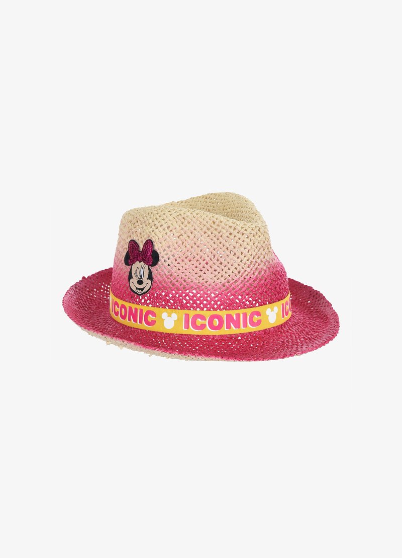 Strohoed met een roze ombre-ontwerp, uitgerust met een Minnie Mouse-patch en een gele band met de tekst "ICONIC" en Mickey-iconen.