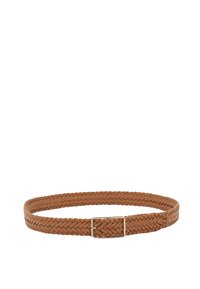Braided belt in light brown leather with a woven texture and a rectangular silver buckle. The design is simple and unembellished.