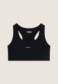 Svart sports bh med en kroppsnær design, laget av et glatt stoff. Har racerback-stil og en liten logo brodert i hvitt.