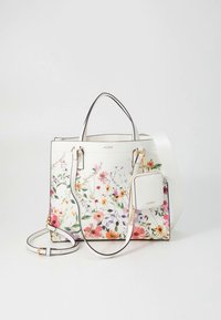 Tasche aus weißem Synthetikmaterial mit Blumenmuster, verfügt über zwei Griffe, einen abnehmbaren Schultergurt und ein kleines passendes Etui mit Reißverschluss.