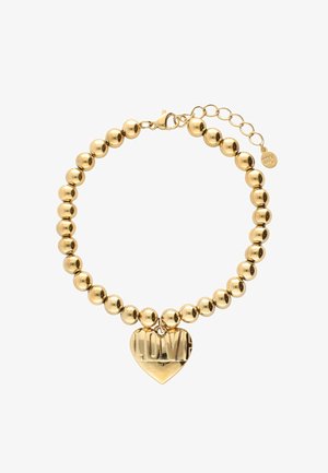 Gold bracelet featuring rounded beads with a smooth texture. Centered heart charm engraved with "LOVE." Adjustable clasp with chain link.