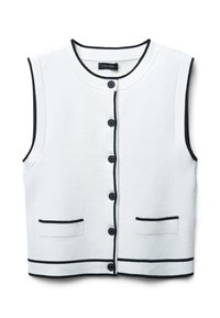 Weißer ärmelloser Cardigan mit schwarzem Besatz, fünf Knöpfen auf der Vorderseite und zwei horizontalen Taschen auf Taillenhöhe. Weicher, strukturierter Stoff.