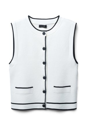 Weißer ärmelloser Cardigan mit schwarzem Besatz, fünf Knöpfen auf der Vorderseite und zwei horizontalen Taschen auf Taillenhöhe. Weicher, strukturierter Stoff.