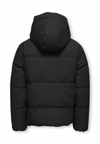 Crna puffer jakna s kapuljačom, s prošivenim uzorkom i debelim punjenjem. Stražnja strana pokazuje glatku teksturu i zaobljeni detalj kapuljače.