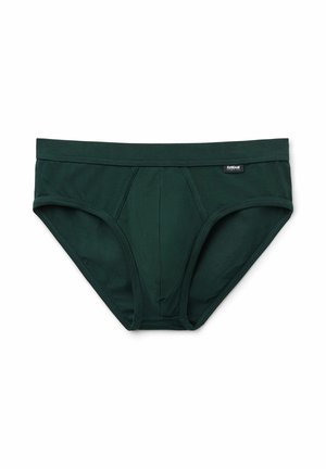 Donkergroen katoen onderbroek met een gladde textuur, voorzien van een platte tailleband, voorplooien en een klein label aan de linkerkant.