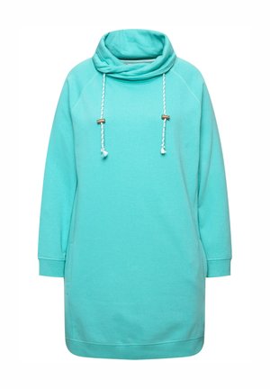 Un vestido sudadera turquesa con un alto cuello de cisne, cordones, mangas largas y un corte relajado. Material de mezcla de algodón con puños acanalados.