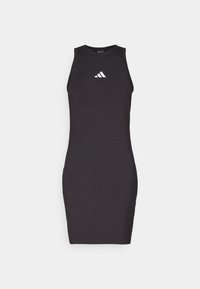 Abito senza maniche nero realizzato in morbido tessuto. Presenta una forma aderente e un logo bianco Adidas sul petto. Orlo dritto.