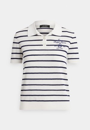 Balta īsroku polo krekls ar tumši ziliem horizontāliem svītrām un izšūtu "Lauren Ralph Lauren" logo kreisajā krūšu daļā.
