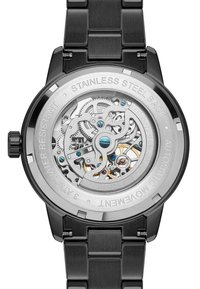 Orologio automatico con bracciale in acciaio inox nero, fondello trasparente che mostra ingranaggi intricati e accenti blu. Resistente all'acqua fino a 30m.