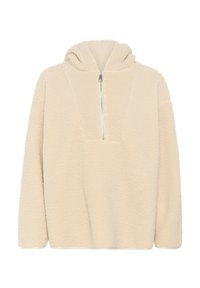 Beżowy polarowy sweter z zamkiem błyskawicznym z przodu, kapturem oraz fakturowaną powierzchnią, charakteryzujący się luźnym krojem i opadającymi ramionami.