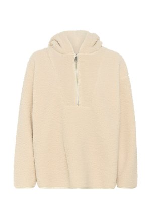 Pull en polaire beige avec une fermeture éclair à l'avant, une capuche et une surface texturée, offrant une coupe décontractée et des épaules tombantes.