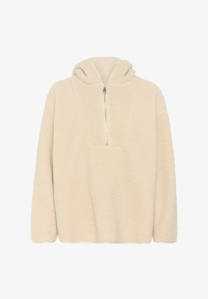 Pullover in pile beige con zip frontale, cappuccio e una superficie testurizzata, caratterizzato da una vestibilità rilassata e spalle scese.