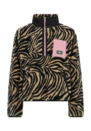 Pull-over en polaire imprimé zèbre avec fermeture éclair mi-zippée et accents noirs. Il a une poche poitrine rose avec une étiquette. Tissu doux et texturé.