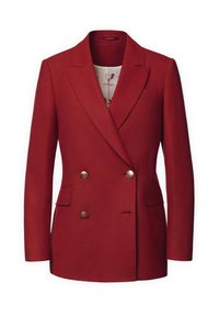 Czerwony dwurzędowy żakiet wykonany z teksturowanej tkaniny. Posiada złote guziki, klapy typu notch oraz dwie przednie kieszenie. Widoczny wzór podszewki.