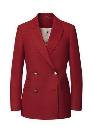 Czerwony dwurzędowy żakiet wykonany z teksturowanej tkaniny. Posiada złote guziki, klapy typu notch oraz dwie przednie kieszenie. Widoczny wzór podszewki.