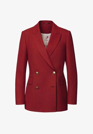 Czerwony dwurzędowy żakiet wykonany z teksturowanej tkaniny. Posiada złote guziki, klapy typu notch oraz dwie przednie kieszenie. Widoczny wzór podszewki.