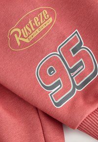 Tissu rouge avec le logo jaune "Rust-eze Bumper Ointment" et un grand numéro "95" avec contour blanc imprimé en gris et rouge.