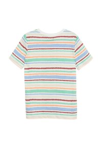 T-shirt z krótkim rękawem z miękkiej bawełny, z poziomymi paskami w zielonym, niebieskim, pomarańczowym i brązowym kolorze na białym tle.