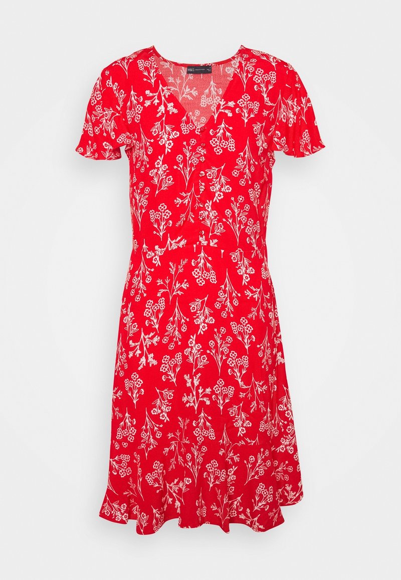 Vestido rojo floral con mangas cortas, escote en V y patrones en blanco; el dobladillo acampanado añade un diseño suave y fluido, fabricado con una tela ligera.