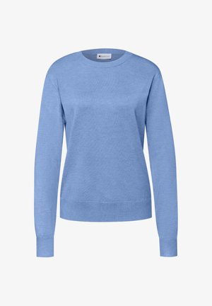 Lichtblauwe trui met ronde hals en lange mouwen, gemaakt van een zachte gebreide stof. Geribbelde boorden en zoom. Geen patronen of versieringen.