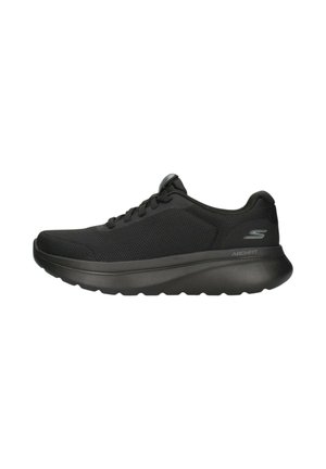 Zapatilla Skechers Arch Fit negra con parte superior de malla, suela gruesa acolchada, diseño con cordones y logotipo en el talón y la lengüeta.