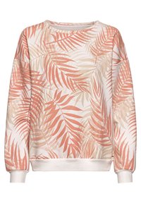 Felpa leggera con una base crema ornamentata da morbide fantasie di foglie pesco e beige. Comprende polsini e orlo a coste, progettata per il comfort.