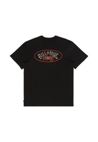 T-shirt nera in cotone con un emblema rotondo che presenta la scritta "BILLABONG" e due aragoste rosse, serigrafato sul retro.