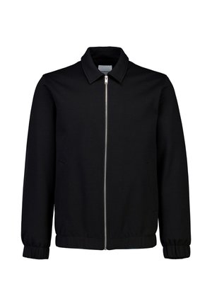 Czarna bluza z kapturem na zamek z przodu, klasycznym kołnierzem, elastycznymi mankietami i gładką teksturą, wyposażona w boczne kieszenie i minimalistyczny design.