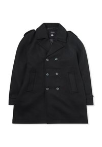 Czarny płaszcz dwurzędowy z mieszanki wełny z dużymi klapami, dwoma bocznymi kieszeniami, trzema guzikami i naramiennikami.