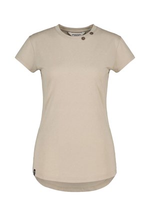 Beige short-sleeve women's t-shirt with round neck, two buttons on shoulder, and slightly curved hem.