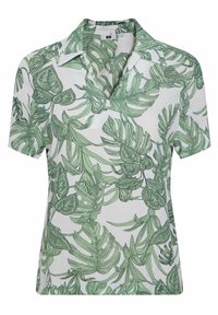 Camicia a maniche corte in tessuto leggero con base bianca e stampa floreale tropicale verde intricata. Presenta un colletto a punta e una vestibilità rilassata.