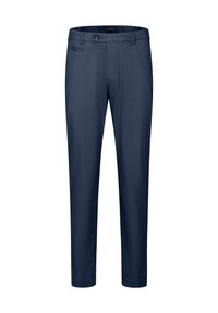 Hosen in Marineblau aus glattem Stoff, mit einem Knopfverschluss, vorderen Taschen und einer taillierten Passform für ein sauberes, stromlinienförmiges Erscheinungsbild.