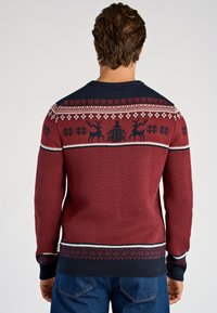 Röd stickad tröja med marinblå detaljer, med ett dekorativt mönster av renar och snöflingor, rund halsringning och ribbade muddar.