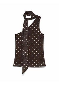 Bruin mouwloos topje met witte stippen en een striksluiting bij de hals. De stof is glad en heeft grote, gelijkmatig verdeelde witte stippen.