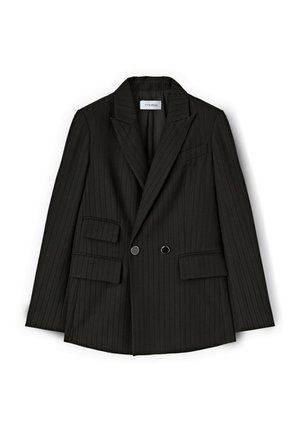 Dubbelgeknopte zwarte blazer met verticale streepjes, notch revers, twee voorzakken en zilverkleurige hardwareaccenten. Textuurstof.