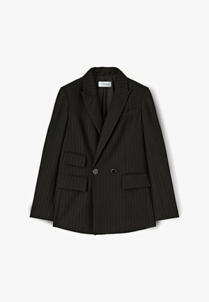 Dubbelgeknopte zwarte blazer met verticale streepjes, notch revers, twee voorzakken en zilverkleurige hardwareaccenten. Textuurstof.