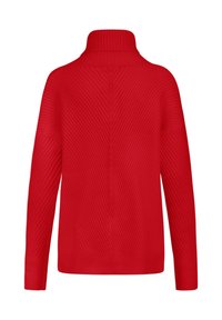 Pull à col roulé en maille côtelée rouge avec manches longues et motif texturé en forme de V dans le dos et sur les manches.