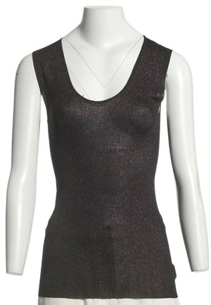 Ärmelloses schwarzes Top mit dezent glitzernder Textur und einem Rundhalsausschnitt, dargestellt auf einem weißen Schaufenstertorso.
