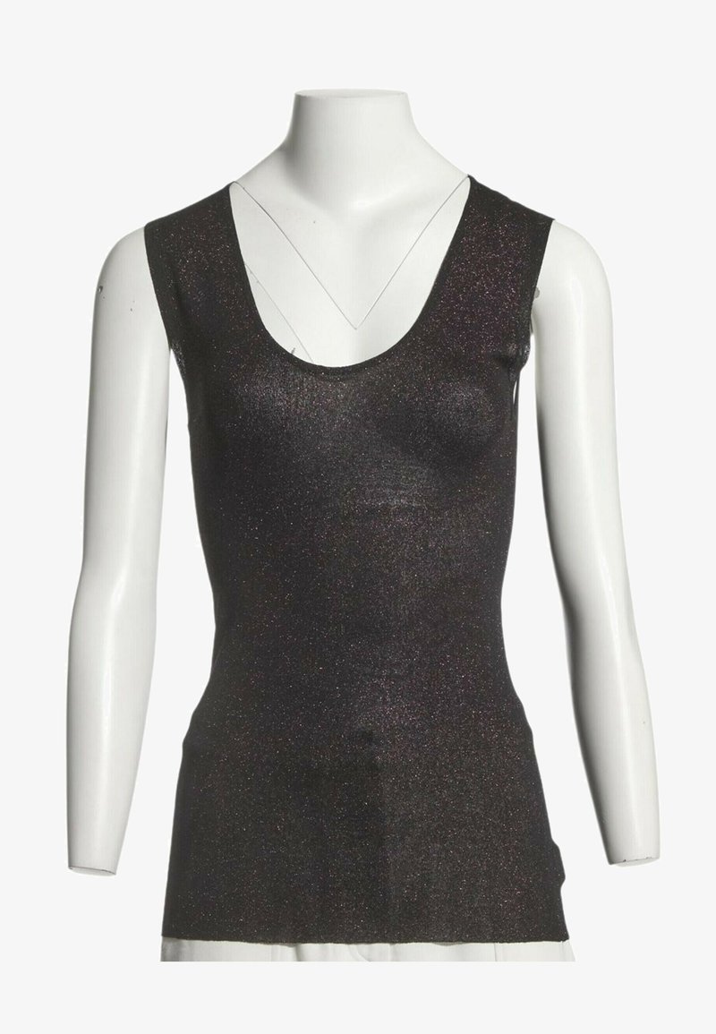Top noir sans manches avec une texture pailletée subtile et un col rond présenté sur un buste de mannequin blanc.