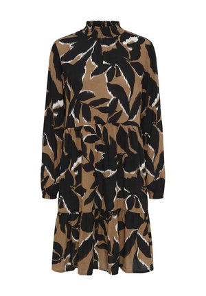 Langärmliges Kleid mit hohem Ausschnitt, das ein braunes, schwarzes und weißes Blattmuster, einen gestuften Saum und einen strukturierten Stoff aufweist.