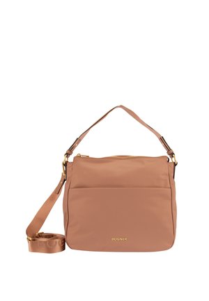 Bolso de hombro de cuero marrón con cremallera dorada y correa ajustable, bolsillo delantero y logo "Bogner" en letras doradas.