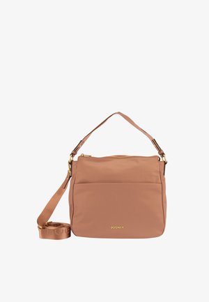Sac à bandoulière en cuir marron avec fermeture éclair dorée et sangle réglable, poche avant et logo "Bogner" en lettres dorées.
