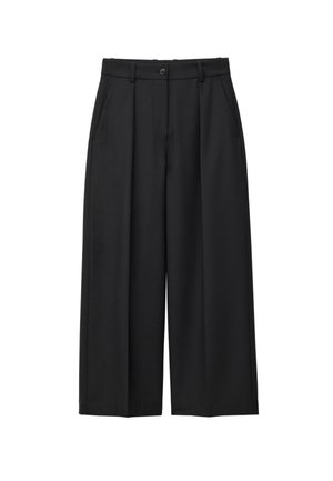 Schwarze weit geschnittene Hosen aus glattem Stoff, mit hoher Taille, Falten, vorderen Taschen und einem einzelnen Knopfverschluss.