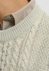 Pull en crème clair en tricot torsadé présentant un motif texturé, un col côtelé, et porté sous une chemise beige à col.