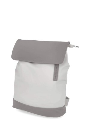 Backpack with light grey body, darker grey flap closure, and bottom trim, featuring a small side loop and minimalist design.