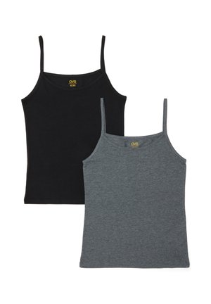 Zwei Damen-Spaghetti-Trägertops der Marke OVS, eines schwarz und eines grau, flach auf weißem Hintergrund ausgelegt.