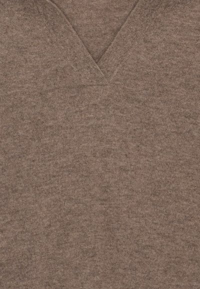 Soft brown knitted fabric with a V-shaped neckline, showing fine ribbed and smooth texture details.
